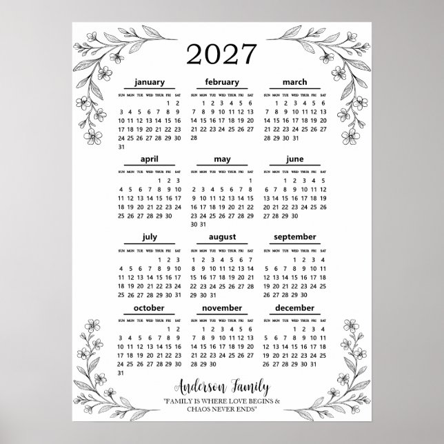Póster Calendario Familiar Personalizado de Flores Silves (Frente)