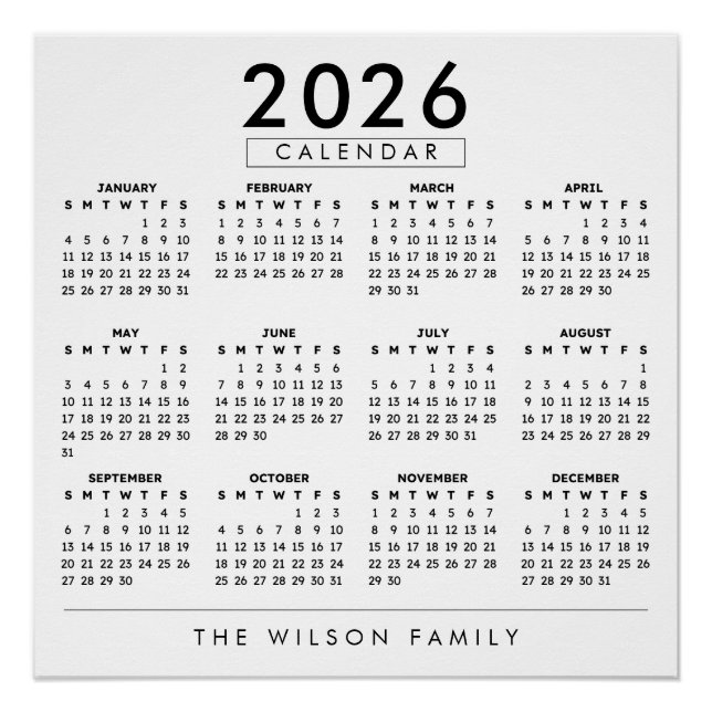 Póster Calendario Familiar Personalizado de Pared 2026 (Anverso)