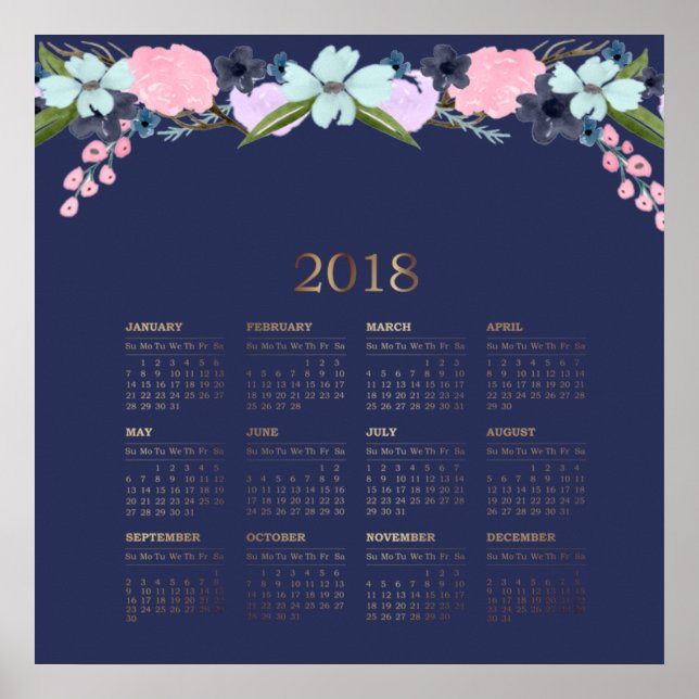 Póster Calendario floral acuarela moderno 2018 (Frente)