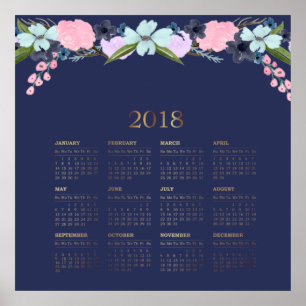 Póster Calendario floral de acuarela moderna 2018