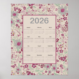Póster Calendario floral gris rosa 2026