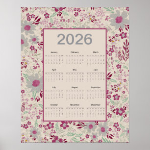 Póster Calendario floral gris rosa 2026