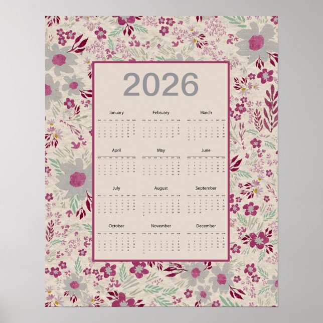 Póster Calendario floral gris rosa 2026 (Frente)