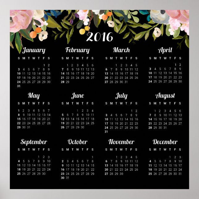 Póster Calendario Floral Moderno 2016 (Frente)
