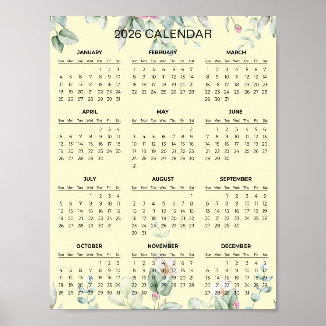 Póster Calendario floral simple pero elegante 2026 |  (Frente)