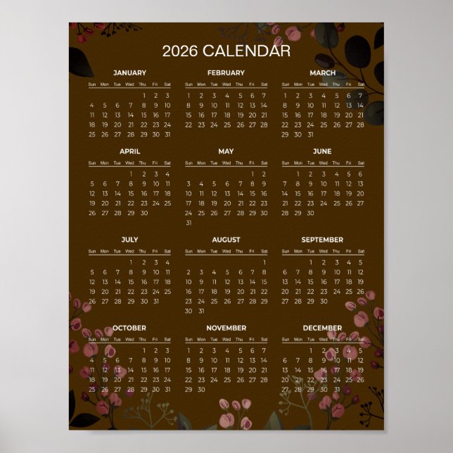 Póster Calendario floral simple pero elegante 2026 |  (Frente)
