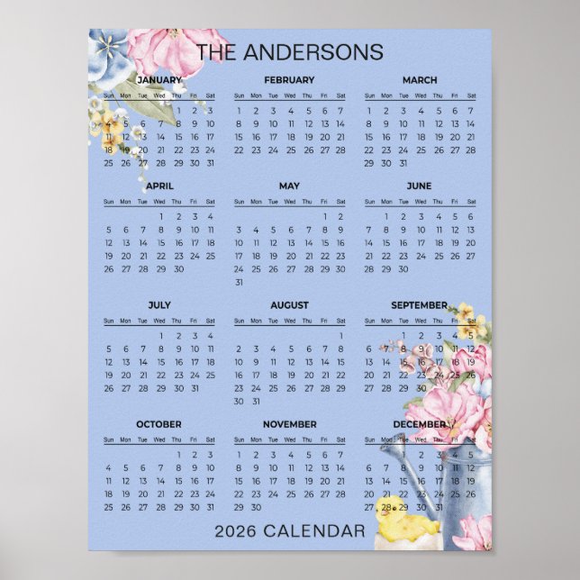 Póster Calendario floral simple pero elegante 2026 |  (Frente)