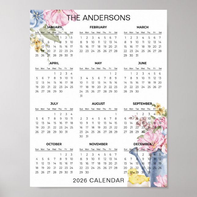 Póster Calendario floral simple pero elegante 2026 |  (Frente)