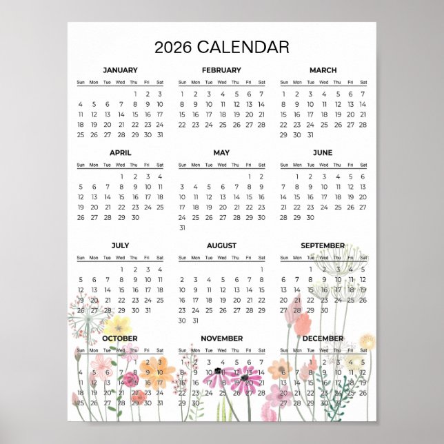 Póster Calendario floral simple pero elegante 2026 |  (Frente)