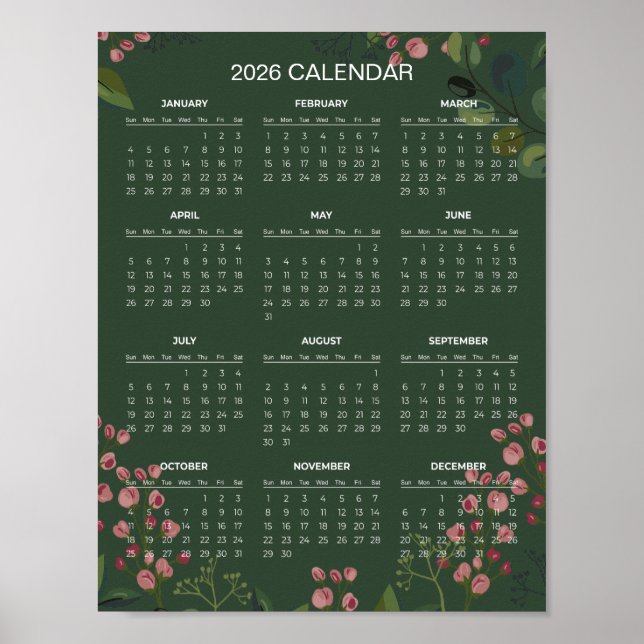 Póster Calendario floral simple pero elegante 2026 |  (Frente)