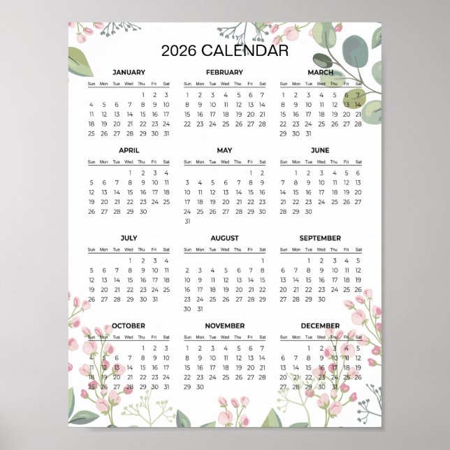 Póster Calendario floral simple pero elegante 2026 |  (Frente)