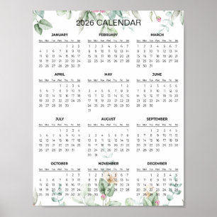 Póster Calendario floral simple pero elegante para 2026  