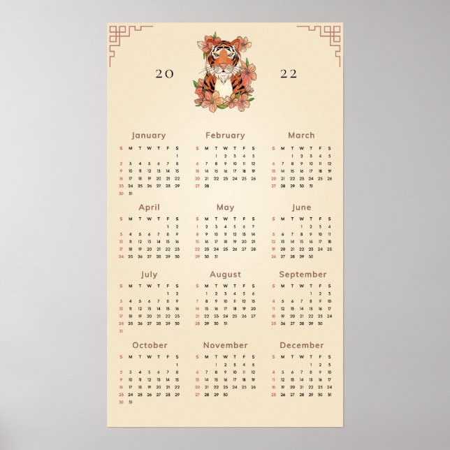 Póster Calendario Floral Tigre Año Nuevo Chino 2022 Arena (Frente)