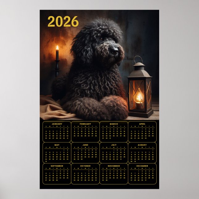 Póster Calendario Goldendoodle 2026 con Linterna y Vela (Frente)