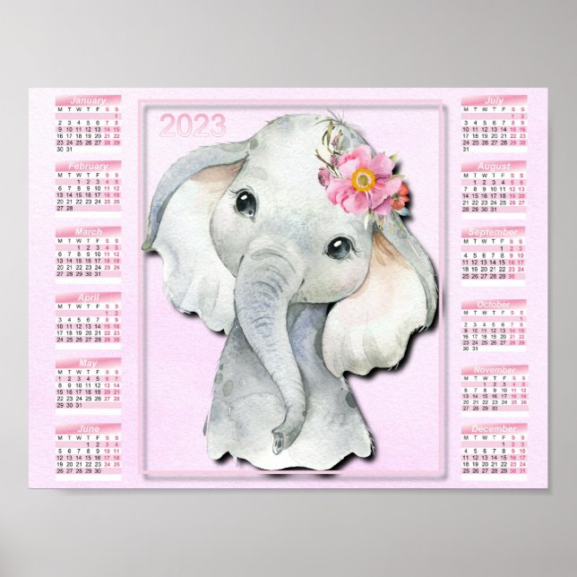 Póster Calendario infantil 2023, Elefante acuarela, Flore (Frente)