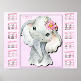 Póster Calendario Infantil 2023, Elefante acuático, Flore