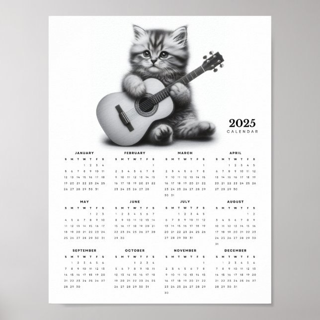 Póster Calendario Kitten Holding Acoustic Guitar 2025 (Frente)