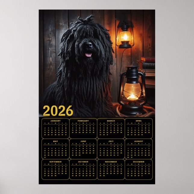 Póster Calendario Komondor con Linternas y Libros 2026 (Frente)