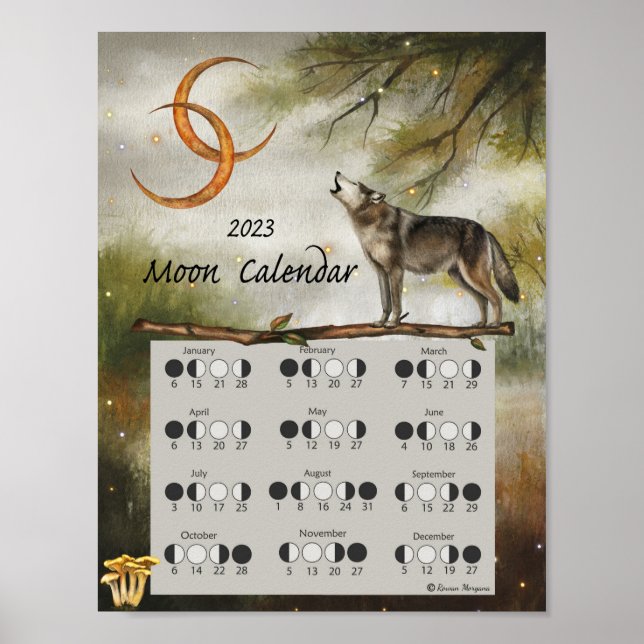 Póster CALENDARIO LUNAR 2023,  Luna de Lobo Bosque Oscuro (Frente)