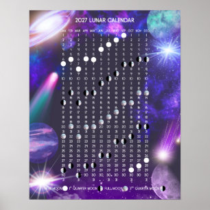 Póster Calendario Lunar 2027 en Galaxias Coloridas