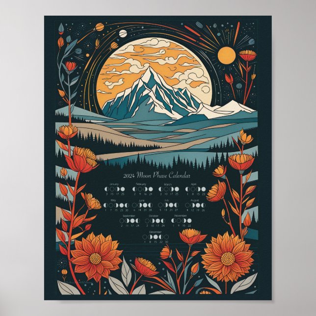 Póster Calendario Lunar de Ciclo de la Luna 2024 Hemisfer (Frente)