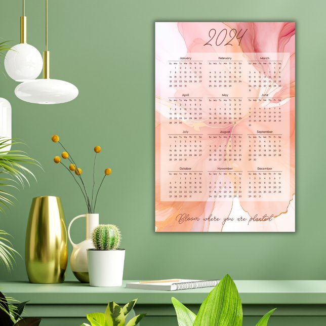 Póster Calendario Mensual 2024 Años Floral Stylish (The quote can be personalized to your favorite saying or word of the year.)