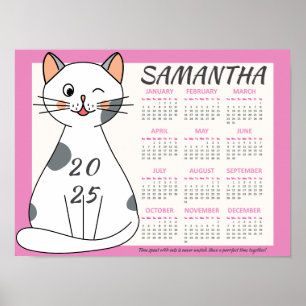 Póster Calendario Mensual 2025 Gato Blanco Juguetón Rosa 