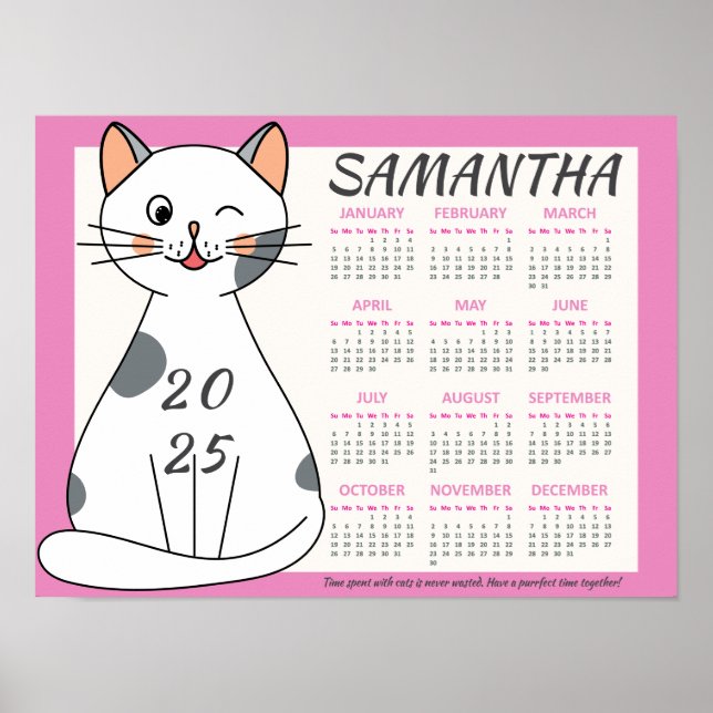 Póster Calendario Mensual 2025 Gato Blanco Juguetón Rosa  (Frente)
