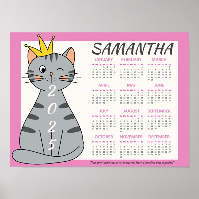Póster Calendario Mensual 2025 Lindo Rosa Nombre Gato Jug (Frente)