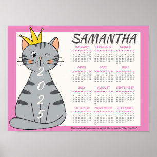 Póster Calendario Mensual 2025 Rosa Lindo Nombre Gato Jug