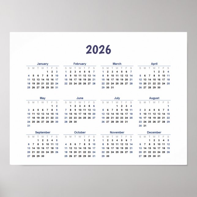 Póster Calendario Mensual Anual 2026 Todos los Días  (Frente)