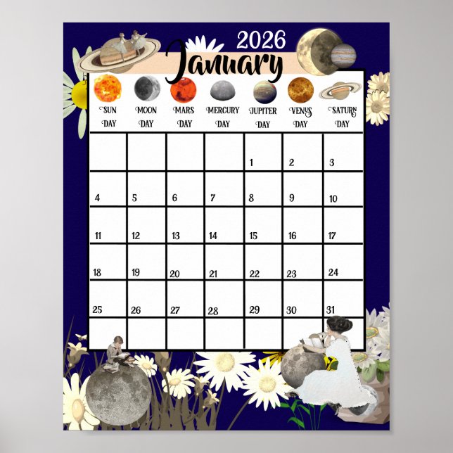 Póster Calendario Mensual Astrológico Enero 2026     (Frente)