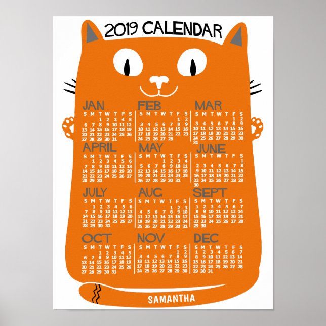 Póster Calendario Mensual de 2019 Año Gato Naranja de med (Frente)