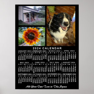 Póster Calendario mensual de 2024 años Personalizado negr