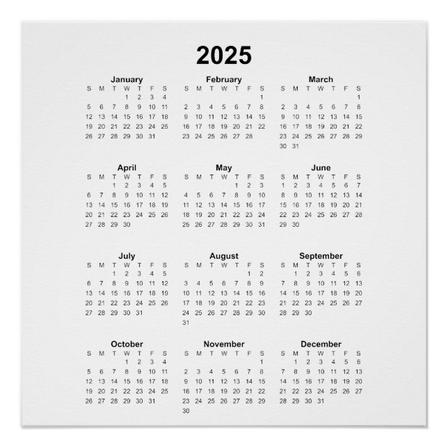 Póster Calendario Mensual de 2025 Años Cuadrado Todos Los (Anverso)
