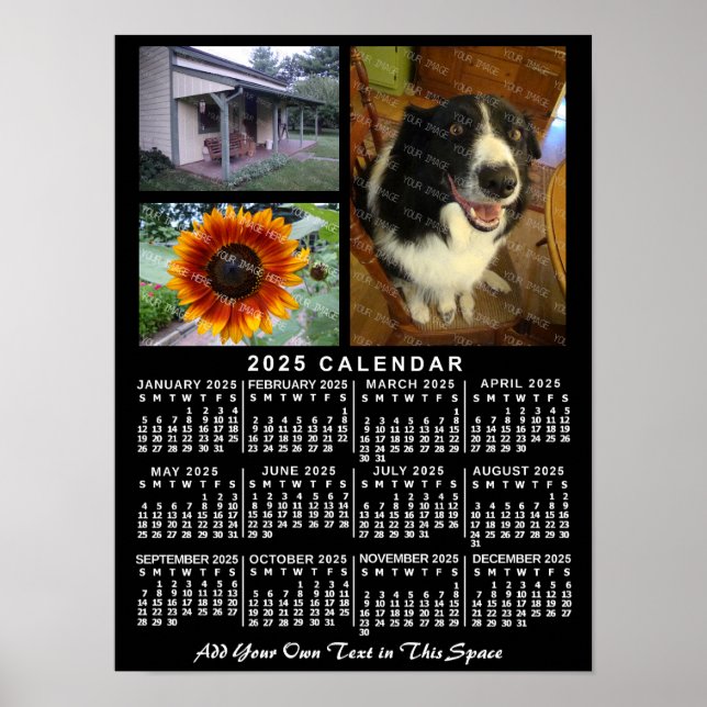 Póster Calendario mensual de 2025 años Personalizado negr (Frente)