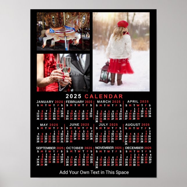 Póster Calendario mensual de 2025 años Personalizado negr (Frente)