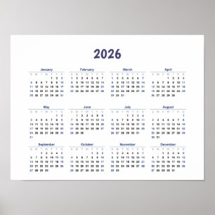Póster Calendario mensual de pared del año 2026 todos los