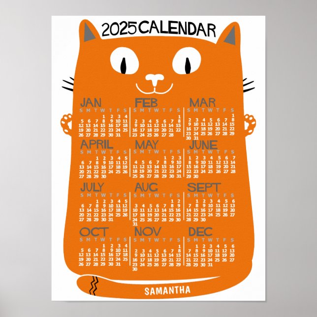 Póster Calendario mensual del año 2025 Gato naranja de me (Frente)