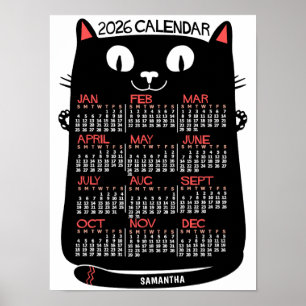 Póster Calendario Mensual del Año 2026 Gato Negro de Esti