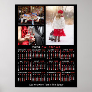 Póster Calendario mensual del año 2026 negro personalizad