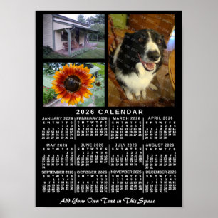 Póster Calendario mensual del año 2026 negro personalizad