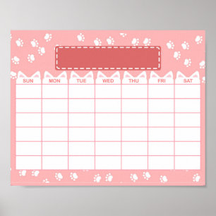 Póster Calendario Mensual en Blanco Tema Gato Rosa