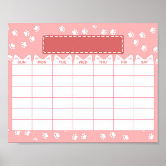 Póster Calendario Mensual en Blanco Tema Gato Rosa