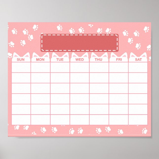 Póster Calendario Mensual en Blanco Tema Gato Rosa (Frente)