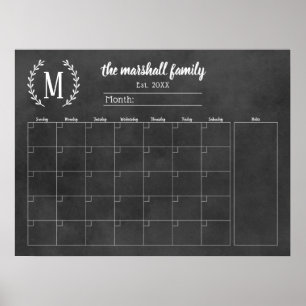 Póster Calendario Mensual Familiar con Monograma para Piz