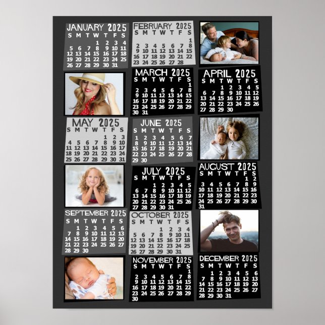 Póster Calendario Mensual Foto Collage Mod Negro Año 2023 (Frente)