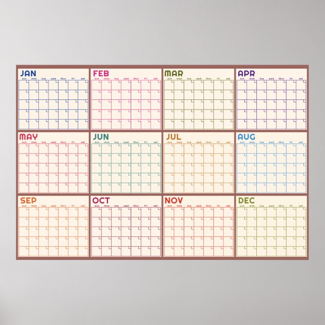 Póster Calendario mensual sin fecha beige en blanco plani (Frente)