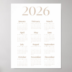 Póster Calendario minimalista 2026 Beige Neutro en una pá