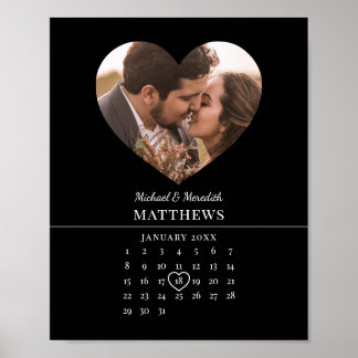 Póster Calendario Moderno de Aniversario de Boda Negro